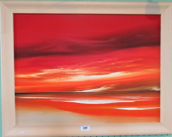 Jonathan Shaw, a blood red sunset over a calm sea. Acrylic on board, signed lower right, 44 x 60cm. - Image 2 of 2