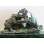 After B C Zheng (20th century), a green patinated hollow cast bronze of two bears fighting,