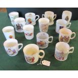 A collection of 14 commemorative mugs/beakers,