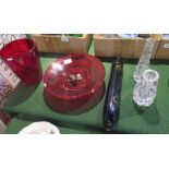 A Whitefriars-style ruby glass vase with bubble included body, together with a ruby glass open dish,