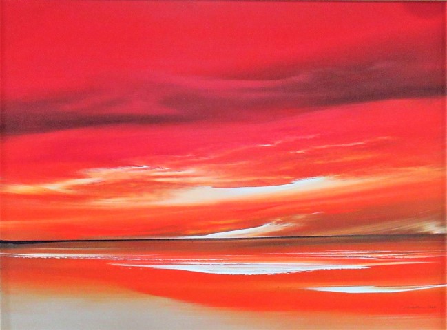 Jonathan Shaw, a blood red sunset over a calm sea. Acrylic on board, signed lower right, 44 x 60cm.