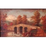 Nineteenth century British School, lone figure crossing a stone bridge in an autumnal landscape,