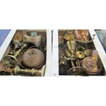 Two boxes of various metalwares, including: copper kettle, part-companion set, warming pan,