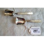 Two William IV silver and mother of pearl handled caddy spoons of scoop form,