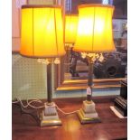 A pair of Corinthian column brass and onyx stepped base table lamps,