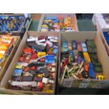 Three boxes of Dinky, Lesney and other die-cast model vehicles, largely play worn and loose.