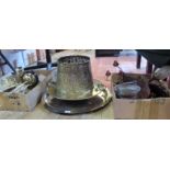 A good mixed lot of metalwares, including a two well inkstand, companion set, candlesticks,