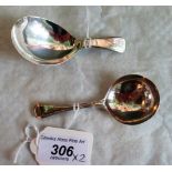 Two similar silver caddy spoons, to include: Old English pattern,