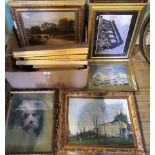 A mixed lot of pictures and prints, including a watercolour study of a Yorkshire Terrier,