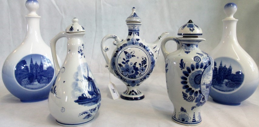 A pair of blue and white Copenhagen porcelain decanters and covers,