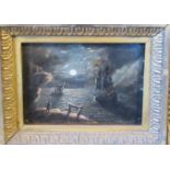 Nineteenth century European school, moonlit marine landscape with sailing vessels on the calm water,