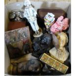 A quantity of decorative items, to include: a composition bust of Mozart,