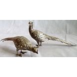 A pair of 20th century cast silver cock and hen pheasants.