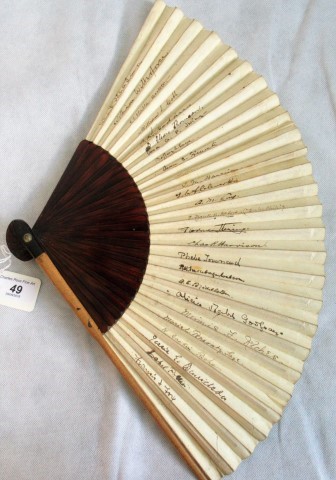 A 19th century split bamboo breeze fan, the leaf marked with multiple signatures,