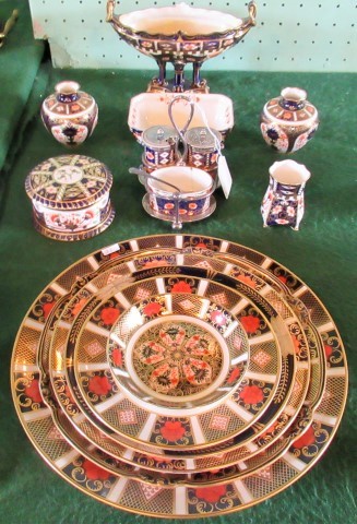 A collection of Royal Crown Derby Imari wares, to include: boat shaped table centre, squat vase,