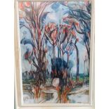 Brian Cook (20th century), abstract study of tall trees in a modernist landscape.