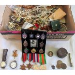 A large mixed lot of costume and paste set jewellery, Second War medals, silver cased fob watch,