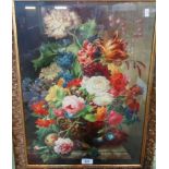 After Joseph Nigg, a gilt framed coloured lithograph, still life study of flowers on a marble ledge,