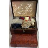 An early Victorian figured rosewood workbox and contents,