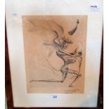 A simulated bur wood framed and glazed etching of a surreal spiky winged figure,