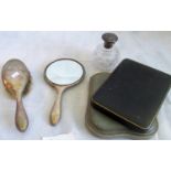 A silver backed hand mirror and brush, a silver mounted scent of spherical form,