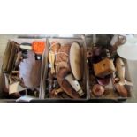 Three boxes of miscellaneous craftsman made treen ware, carvings, ship models, nude studies,
