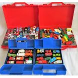 Four cased Matchbox Motor City and two other die-cast model carrying cases and contents of multiple