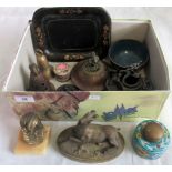 A collection of miscellaneous decorative items, Chinese archaic form sensa and cover,