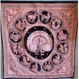 A gilt thread and (stump-work) wall hanging, woven with peacock, surrounded by signs of the Zodiac,