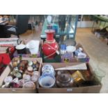 Four boxes of miscellaneous ceramics, to include: pottery lamp, glass elephant paperweight,