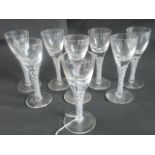 A set of eight 20th century liqueur glasses with lattice work stems.