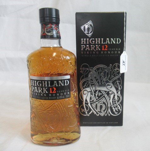 A bottle of Highland Park 12 Year Old Viking Honour Single Malt Scotch Whisky.