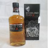 A bottle of Highland Park 12 Year Old Viking Honour Single Malt Scotch Whisky.