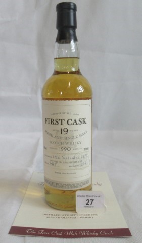 A bottle of 1990 First Cask Dalmore Highland Single Malt Scotch Whisky.