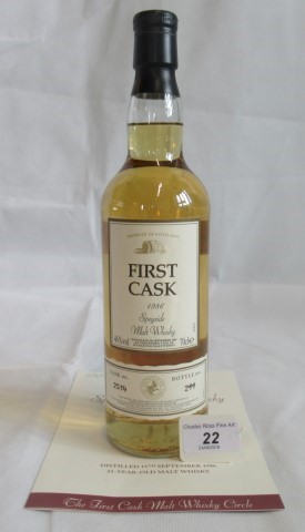 A bottle of 1986 First Cask GlenElgin Speyside Single Malt Scotch Whisky.