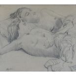 A framed and glazed charcoal drawing of two semi-nude ladies, titled 'Anita and Sunita',