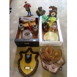 Two boxes of miscellaneous items, to include: reproduction clock figure,