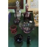 A collection of seven items of coloured glass, together with silver plated decanter,