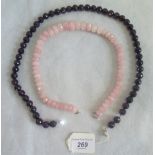 A rose quartz necklace, together with a amethyst necklace.