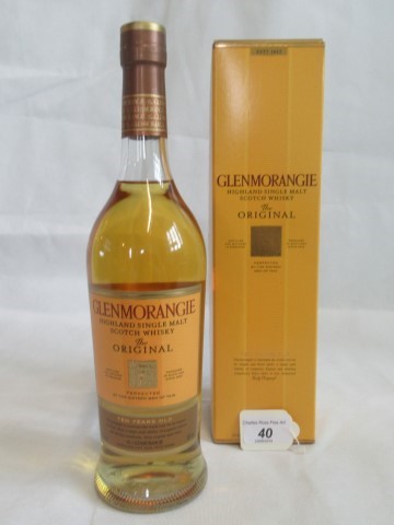 A bottle of Glenmorangie Single Malt Scotch Whisky.