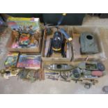 A large quantity of Action Man toys, to include: helicopter, tank, motorbike and sidecar,