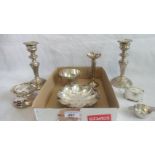 A pair of silver candlesticks, together with silver posy vase, mustard dish,