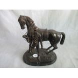 A late 19th century bronze figure of a jockey leading horse on marble base,