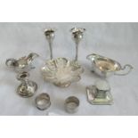 Nine various items of silver, to include: sauce boats, posy vases, candlestick, inkwell,