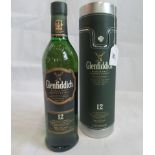 A bottle of Glenfiddich 12 Year Old Single Malt Scotch Whisky.
