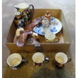 A box containing miscellaneous china, to include: Beswick eagle, large Beswick jug,