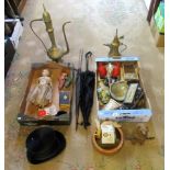 Two boxes of miscellaneous items, to include: two umbrellas, felt top hat, carved bear,