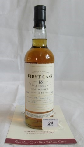 A bottle of 1989 First Cask Highland Park Ornkey Single Malt Scotch Whisky.