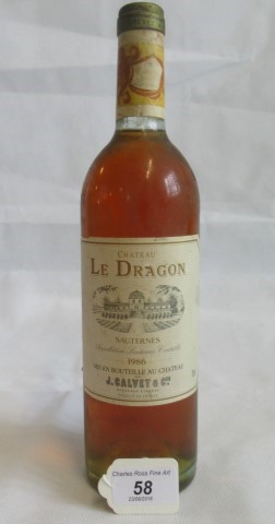 A bottle of Chateau Le Dragon Sauterns 1986.