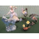 A Wedgwood Little Bo Peep, a Beswick deer and three songbirds.